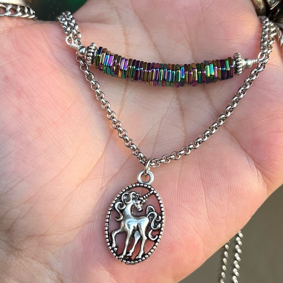 Double layer unicorn rainbow stones stainless steel adjustable choker necklace - Picture 9 of 14